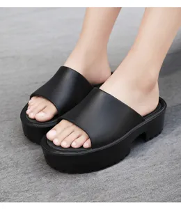Women thick platform slides summer solid color sandals casual outdoor high heel slippers.