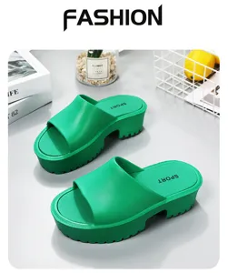 Women thick platform slides summer solid color green outdoor casual chunky sandals non-slip
