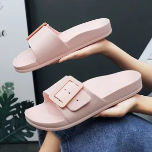 Pink chunky buckle slide sandals for women summer casual flat daily shoes slip-ons