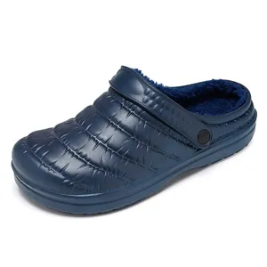 Winter warm fleece-lined casual clogs for men and women, cozy indoor cotton slippers, blue.
