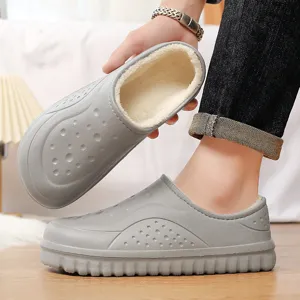 Winter fleece lined clogs for men, thick bottom waterproof warm house shoes, grey.