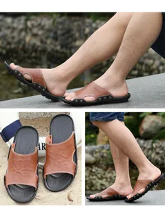 Hombres casual abierto dedo cuero sandalias verano playa zapatos transpirable zapatillas plano