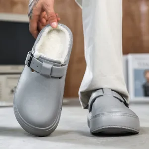 Winter fleece lined clogs for men, warm fuzzy slip-on shoes with buckle strap, gray.