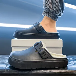 Winter fleece lined clogs for men, warm enclosed toe cotton slippers, lightweight comfortable shoes.