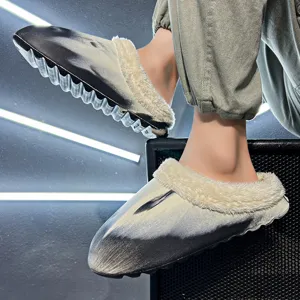 Winter plush cotton slippers for men warm thick sole couple indoor home shoes gradient design
