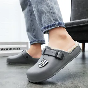 Zapatillas de invierno para hombre zuecos con forro de felpa zapatos cálidos grises casual