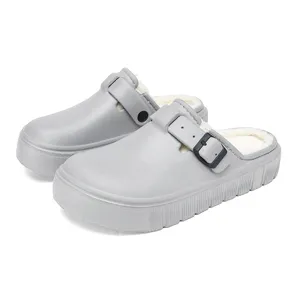 Winter fleece lined clogs cozy warm slip-on shoes thick sole fuzzy slippers gray for men