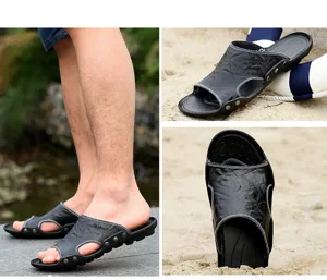 Hombres sandalias punta abierta vista detalles, zapatos de playa casuales suela suave.