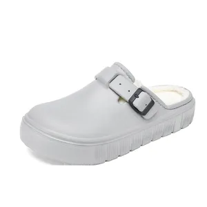 Winter fleece-lined casual clogs for men, warm fuzzy slip-on shoes with adjustable buckle.