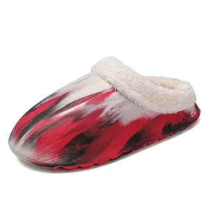 Winter warm plush cotton slippers for men women, comfortable indoor shoes with thick non-slip sole.