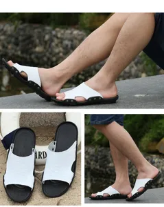 Vista detallada de sandalias de verano para hombre, zapatillas blancas abiertas con diseño transpirable.