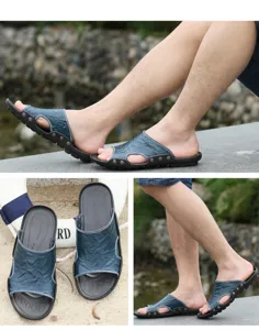 Primer plano detalle de zapatillas de playa abiertas casuales para hombre, suela blanda transpirable.