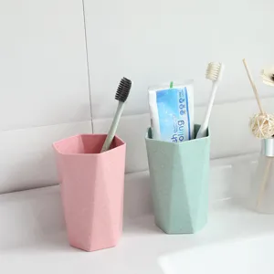 Wheat straw geometric toothbrush cup couple wash mug simple home bathroom gargle cup pink green