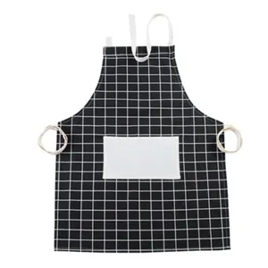 Japanese style black and white plaid cotton linen kitchen cooking apron with pocket