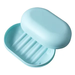 Portasapone in plastica azzurro semplice con coperchio e design di drenaggio vista principale