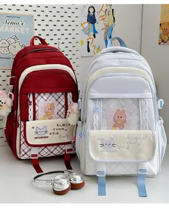 Vista dettagliata dello zaino stile JK giapponese con tasca trasparente e bel design.