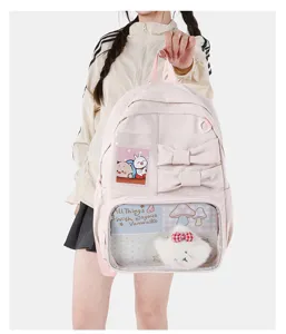 Roze Japanse JK-stijl Ita rugzak met transparant venster en comfortabele grote capaciteit.