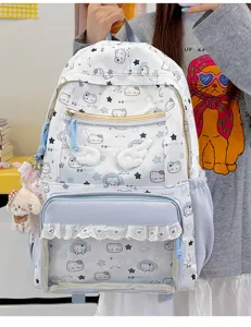 Zaino ita stile giapponese con finestra trasparente, simpatico stampa gatto e bordo in pizzo.
