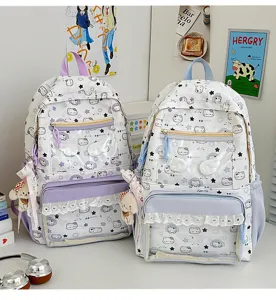 Zaino ita anime carino in stile giapponese con tasca trasparente e bordo in pizzo.