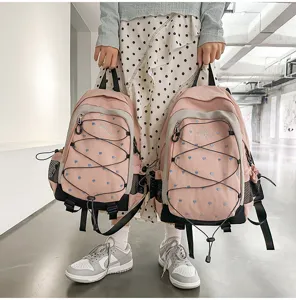 Pink heart print student backpack stylish casual school bookbag cute daypack for teen girls