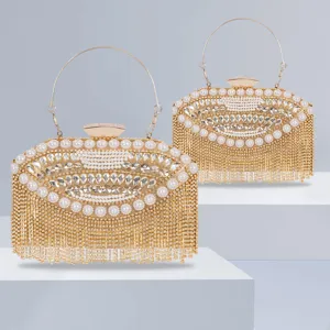 Bolso de Noche Metálico de Lujo Diamante de Imitación Perla Borla Bolso Elegante Fiesta Baile Boda Carteras De Mano Para Mujeres
