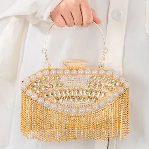 Elegante bolso de noche con perlas y estrás con flecos, bolso de mano moderno para fiestas.