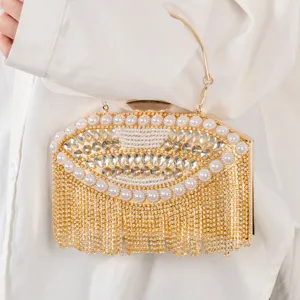 Elegante Bolso de Noche Dorado Perla Diamantes de Imitación Flecos Bolso de Boda