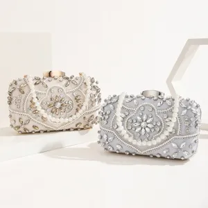 Women Evening Bag Rhinestone Beaded Pearl Clutch Bag European Vintage Handbag Wedding Party Wrist Bag