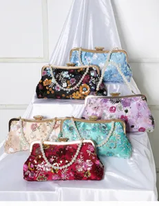 Elegant sequin evening bag with floral embroidery and pearl handle for party dresses.