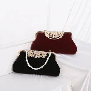 Retro Velvet Evening Bag Women Clutch Purse With Rhinestone Artificial Pearl Handbag Elegant Party Wedding Banquet Bag