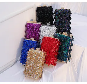 Handmade sequin evening clutch bag vertical small square bag for banquet dress women