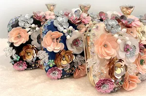 Handmade floral evening clutch purse sparkling sequin beaded bridal party handbag for women