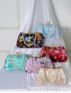 Colorful sequin embroidered evening clutch bags with pearl handle elegant women party purses