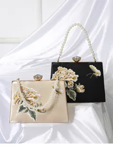 Elegant Chinese style embroidered peony evening clutch bag with pearl handle for wedding party.