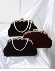 Velvet pearl evening bag detail, retro rhinestone clasp design, elegant party handbag.