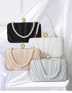 Pleated evening clutch bag with pearl handle, elegant satin handbag for wedding dress and party.