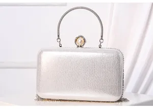 Elegante borsa da sera pochette glitter argento con manico tondo metallo perla per feste