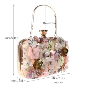 Handmade floral evening clutch bag with sequins and metal handle, detailed size view.