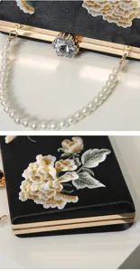 Exquisite detail view of the black evening clutch with peony embroidery and pearl strap.