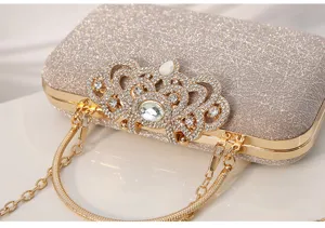 Bolso de noche brillante con cierre de corona de diamantes de imitación y cadena de metal.