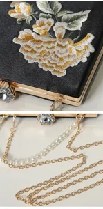 Chic Chinese retro embroidered peony evening clutch bag with pearl and metal chain straps.