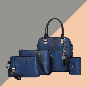 Women Blue Plaid Handbag Set 4-Piece Tote Crossbody Bag Fashion Casual Shoulder Bag