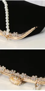 Detailed shot of black velvet evening bag featuring elegant pearl strap and gold rhinestone clasp.