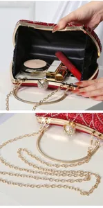 Bolso de noche con pedrería roja y cadena marco metálico para fiestas elegantes.