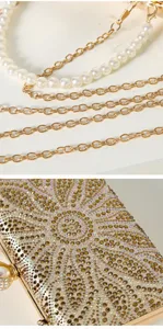 Stunning evening bag detail shot featuring sparkling rhinestones, elegant pearls, and chic chains.