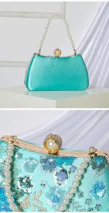 Teal evening clutch bag with pearl handle, floral sequin embroidery for party dress.