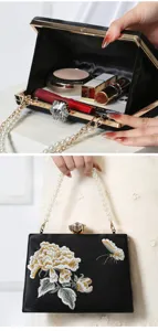 Vintage black velvet evening clutch bag with exquisite peony embroidery and pearl chain.
