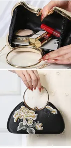 Elegante bolso de noche bordado retro chino negro con asa de anillo dorado para fiestas.