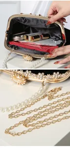 Vintage velvet pearl evening bag with rhinestone clasp and chain strap for elegant party wear.