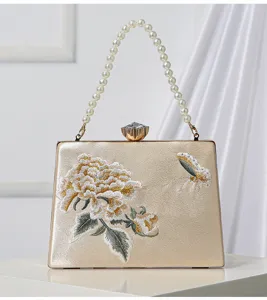 Elegant embroidered evening clutch bag with pearl handle, Chinese style vintage wedding purse.